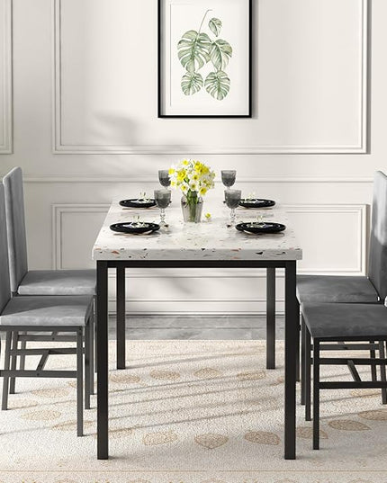 AWQM Dining Table Set for 4, Modern Marble Dining Table Set with 4 Upholstered Velvet Chairs,Dining Room Table Set for Kitchen, Breakfast Nook, Dining Room, Grey