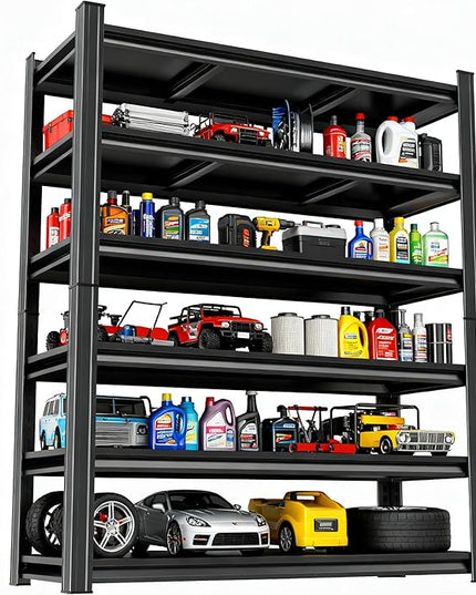 Storage Shelves, Garage Metal Shelving Unit, Adjustable, Double-Layer Column with Reinforced Ribs, Heavy-Duty, Capable of Bearing 600-3600 lbs (Black, 45''W*20''D*77''H, 6-Tier)