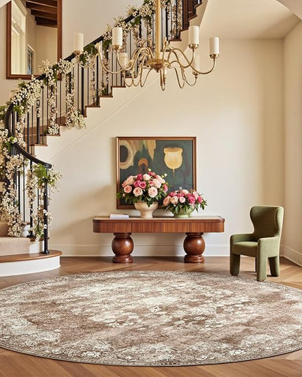 jinchan Round Rug 7ft Area Rug - Brown Vintage Floor Mat Kitchen Indoor - Washable Circle 7' Thin Floral Print Carpet Retro Farmhouse Non Slip Dining Room Living Room Bedroom Office