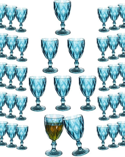 48 Pack Vintage Wine Glasses, Plastic Reusable 12 Ounce Colored Water Goblets, Unique Embossed Pattern Unbreakable Stemmed Wine Glasses High Clear Wedding Party Bar Drinking Cups Blue