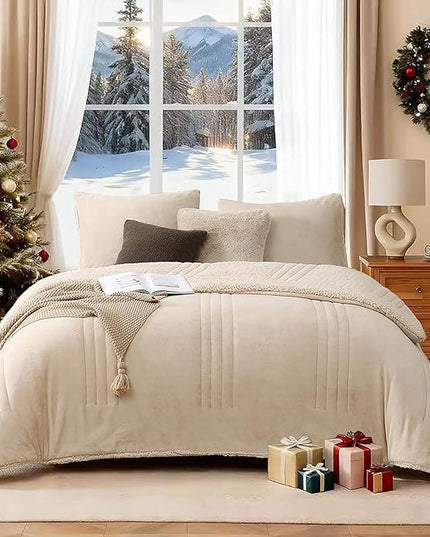 Monbix Fluffy Full Comforter Set Beige, Sherpa Plush Fuzzy Comforter 3 Piece for Full Size Bed, Luxury Soft Winter Warm Bedding Set