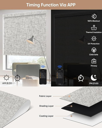 Kincmo Motorized Blinds with Remote,100% Blackout Motorized Roller Shades Work with Apple Homekit,Alexa,Google, Custom Electric Blinds with App,Voice Control (Mist Ash Grey)