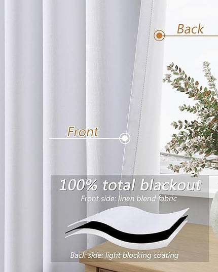 Guken White Linen Blackout Curtains 54 Inch Length 2 Panels Set for Living Room Bedroom Back Tab Thermal Insulated 100% Black Out Linen Drapes Room Darkening Window Curtains Pure White