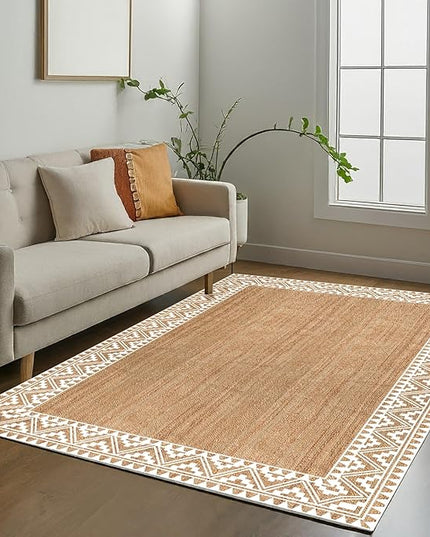 voyzz home 5X8 Feet-Rectangular, Premium Natural Jute Braided Area Rug, White Printed Border, Stain Resistance, Natural Brown, Handmade Rug for Entryways, Living Room, Dining Room, Bedroom, Farmhouse