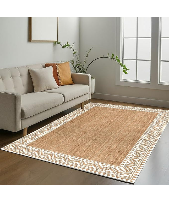 voyzz home 5X8 Feet-Rectangular, Premium Natural Jute Braided Area Rug, White Printed Border, Stain Resistance, Natural Brown, Handmade Rug for Entryways, Living Room, Dining Room, Bedroom, Farmhouse