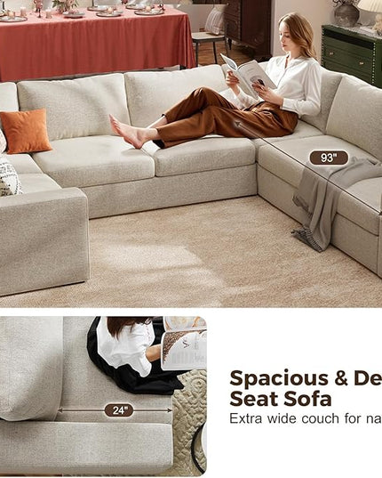 ABCASA Oversized 136" Modular Sectional Sofa, Deep Seat U Shaped Couches for Living Room, Breathable Linen Fabric Corner Couch, Easy to Assemble, Oatmeal