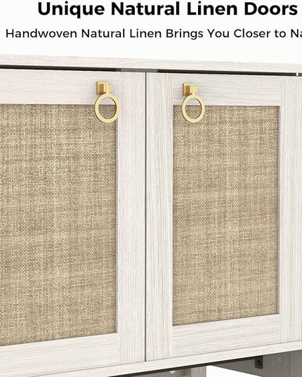 Rattan Entryway Cabinet with Storage,55“ Boho Credenza Storage Cabinet with 4 Doors and Adjustable Shelf, Wood Coffee Bar Console Cabinet Buffet Table for Kitchen, Dinning Room, Sideboard Buffet