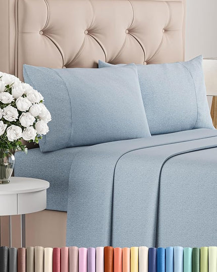 Queen Size 4 Piece Sheet Set - Comfy Breathable & Cooling Bed Sheets Set - Hotel Luxury Bedding for Women, Men, Kids, Teens, Boys & Girls - Deep Pockets, Soft & Wrinkle Free - Blue (Heathered Sheets)