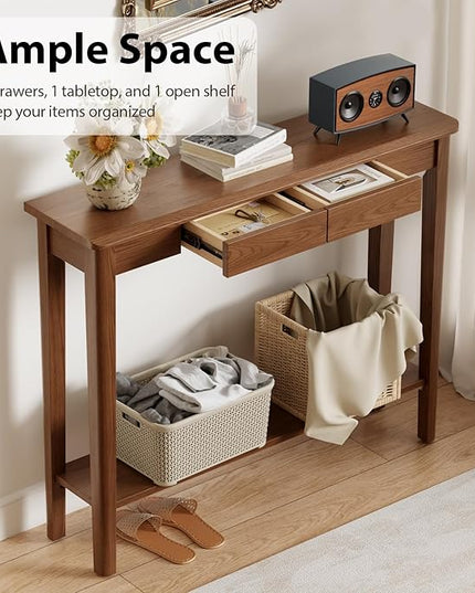 AQIMUELE Wood Console Table with Drawers, Mid Century Modern Console Table Walnut for Entryway, Living Room, Hall Way.