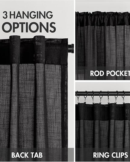 MIULEE Black Linen Curtains 90 Inch Length 2 Panels for Bedroom Living Room, Soft Thick Linen Textured Back Tab Window Drapes Semi Sheer Light Filtering Rod Pocket Modern Farmhouse Halloween Decor