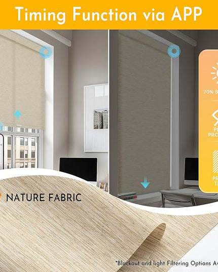 Persilux Smart Motorized Blinds with Remote, No Drill Automatic Roller Shades for Indoor Windows, Light Filtering Linen Fabric, Electric Blinds for Windows, Nature Khaki C25-3, Custom Size