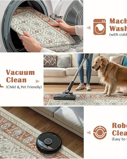 jinchan Area Rug 8x10 Living Room Rug - Washable Boho Vintage Floral Low Pile Thin Throw Non-Slip Non-Shedding Carpet for Bedroom, Dining Room, Office, Kitchen, Cream Orange Multi