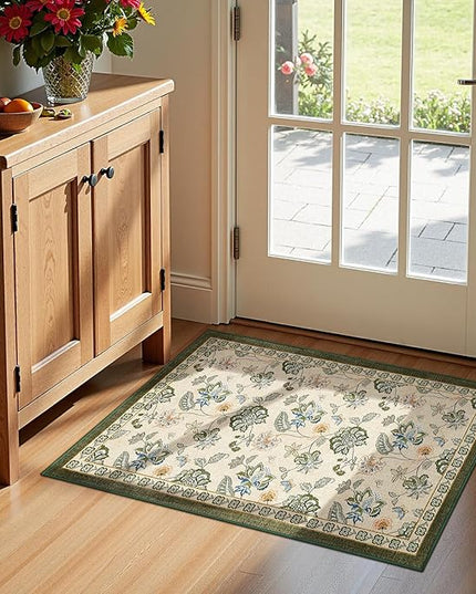 jinchan Elora 2x3 Floral Rug for Entryway Washable Rug Vintage Romance Design Christmas Small Mat Non Slip Indoor Doormat Lightweight Low-Profile Throw Carpet for Bathroom Laundry Room, Green/Beige