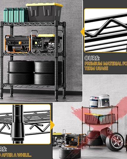 750 lbs 3 Tier Shelf Metal Storage Shelves Wire Rack Closet Organizers for Garage Kitchen Bathroom Laundry Black 11.8" D x 25.6" W x 31.5" H