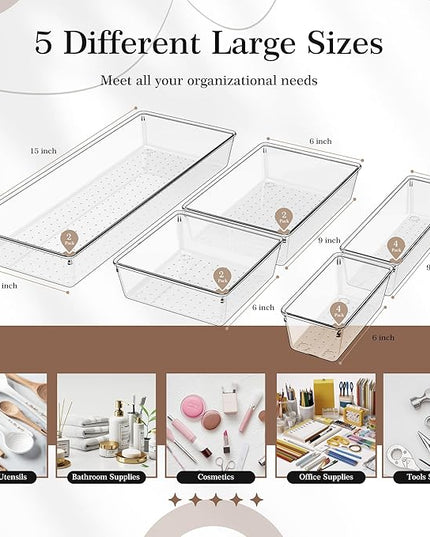 Criusia 14 PCS Clear Plastic Drawer Organizer Set - 5 Large Size Versatile Kitchen and Bathroom Organizer Trays, Non-Slip Storage Bins for Makeup, Utensils, Tool and Office Desk