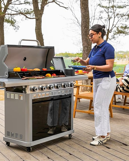 2 in 1 Propane Griddle Grill Combo, 6-Burner Propane Gas BBQ Combo Grill with Porcelain-Enameled Cast Iron Grates & Plate, 42,000 BTU with Side Stove for Outdoor Cooking Camping Patio Backyard