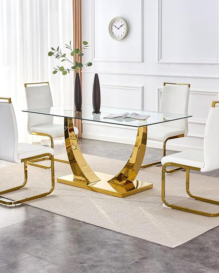 63” Glass Dining Table Set for 4,Gold Dining Room Table Set for 4,Modern Kitchen Table and PU Leather Chairs for 4, Dinner Table with Rectangle Tempered Glass Top and Golden Base