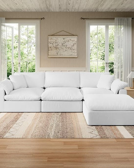 Modular Sectional Sofa Cloud Couch,Down Filled Comfy Cloud Modern Sofa,White Linen L Shape Oversized Couch Cushion Covers Removable Furniture for Living Room