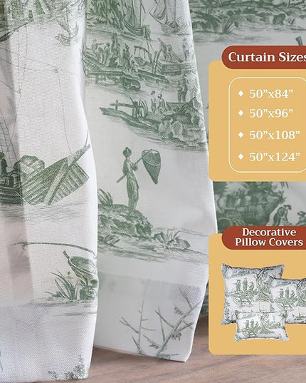 Maison d' Hermine Curtains for Living Room 100% Cotton 108 inch Length One Panel Light Filtering Toile Curtains with Rod and Loop Pockets (Calais Antique Green (White Background), 50" W x 108" L)