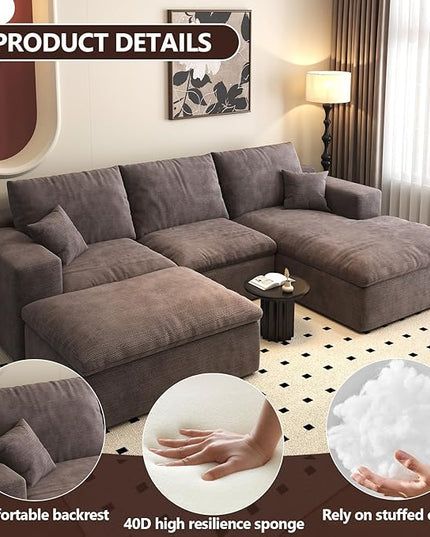 107'' U-Shaped Modern Modular Sectional Cloud Couch Whit Ottoman, 4-Seat Chenille Deep-Seat Sofa with Pillow for Living Room, Bedroom, Apartment, Camel
