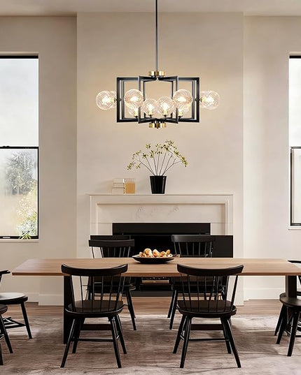 12 Light Black Dining Room Light Fixture Geometric Metal Hanging Pendant Light Fixtures Black Farmhouse Chandelier with Clear Swirled Globe Farmhouse Dining Room Chandelier for Entryway Foyer Kitchen