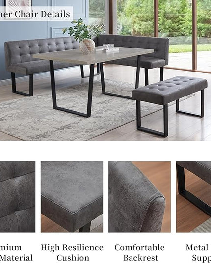 3 Piece Dining Table Set with Bench, 42.9 Inch Modern Kitchen Table with Left Seat Corner and 43.3 Inch Bench for Family Dining Room Furniture