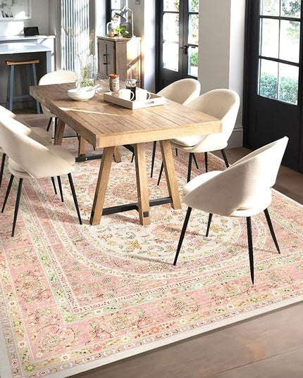 8x10 Area Rugs Washable,Pink Rug for Living Room Bedroom Dining Room,Large Boho Vintage Bohemian Distressed Farmhouse Carpet Non Slip,Blush Floral