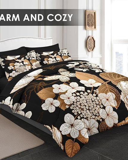 Comforter Set Full Size, Hydrangea Butterfly Flower 7 Pcs Bedding for Kids and Adults, Black Gold Bed Sheet Sets with Fitted Sheet 2 Pillowcase & 2 Sham for Bedroom Bed Decor