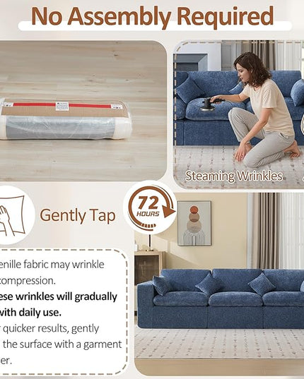 115''Cloud Boneless Sectional Couch, Modular Sectional Sofa Deep Seat, Oversized Upholstered Convertible Comfy 3 Seater Chenille Memory Foam Sofa Couches for Living Room, Blue