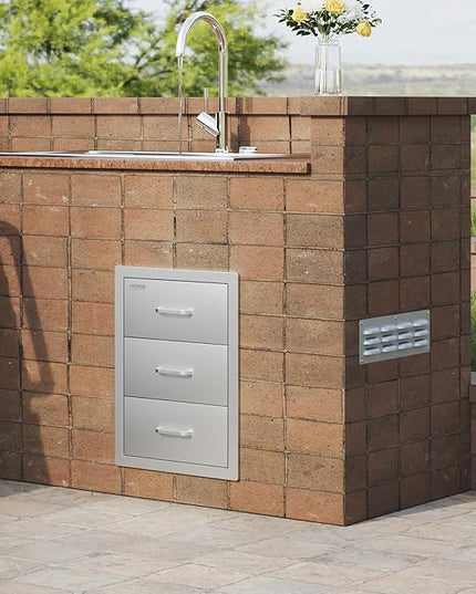 VEVOR Outdoor Kitchen Drawer Cabinets 16" W x 21.5" H x 18" D, BBQ Drawer Stainless Steel, Flush Mount Triple Access, with Handle, BBQ Island, Outdoor Grill Patio Grill Station