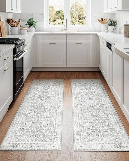 jinchan Lima Kitchen Runner Rug 2x5-2pcs, Vintage Hallway Rug Washable Floral Non Slip with Rubber Backing Soft Carpet Runner for Bedroom Laundry Room Living Room Grey