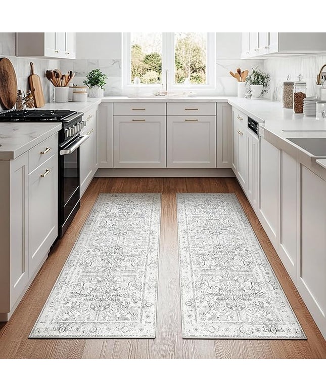 jinchan Lima Kitchen Runner Rug 2x5-2pcs, Vintage Hallway Rug Washable Floral Non Slip with Rubber Backing Soft Carpet Runner for Bedroom Laundry Room Living Room Grey