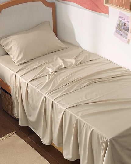 Bedsure Cooling Sheets Twin XL, Rayon Derived from Bamboo, Breathable & Soft Twin XL Sheet Sets, Deep Pocket Up to 16 Inches, Hotel Luxury Silky Dorm Bedding for Hot Sleepers, Beige