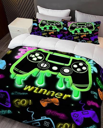 Sunnycitron Green Gamepad Gamer Comforter Set for Boys Gaming Bedding Set Teens Game Room Decor Queen (1 Comforter + 2 Pillowcase)