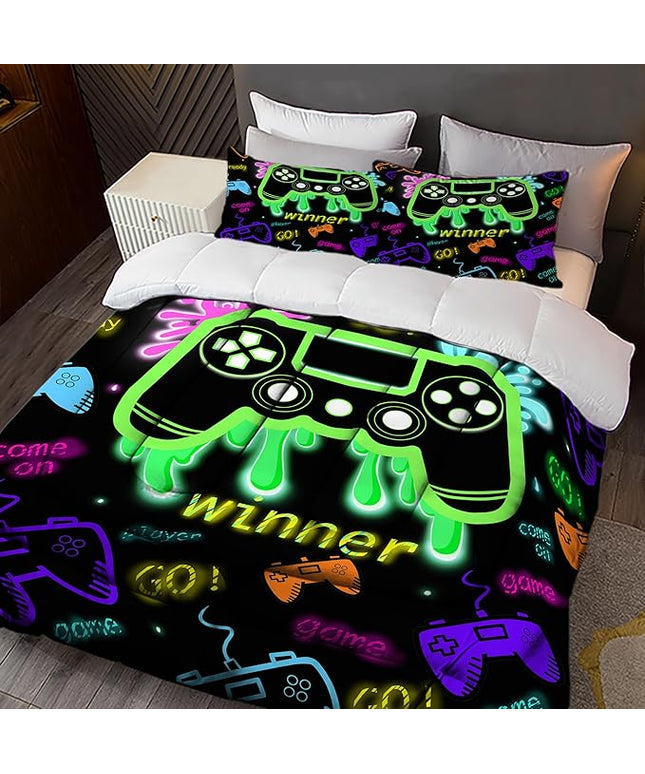 Sunnycitron Green Gamepad Gamer Comforter Set for Boys Gaming Bedding Set Teens Game Room Decor Twin (1 Comforter + 2 Pillowcase)