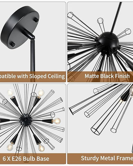 Modern 6-Light Sputnik Black Chandelier, 32.3" Starburst Light Fixture, Modern Chandelier Light Fixtures for Dining Room, Living Room, Kitchen, Foyer, Height Adjustable