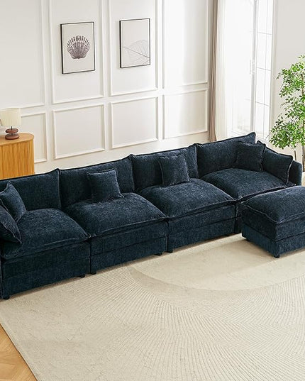 Modular Sectional Sofa, 147.2 Inch L Shaped Couch Set with Armrests, 4-Seater Comfy Cloud Couches with Movable Ottoman for Living Room Apartment, Blue