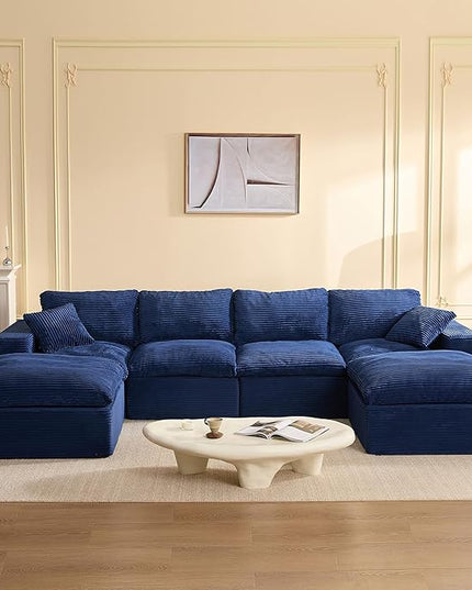 137.8” Sectional Couches for Living Room, Cloud Couch, Modular Sectional Sofa, Convertible Sofas Bed, Deep Seat Sofa, U Shaped Cozy Sofa Furniture Set, Corduroy,Blue