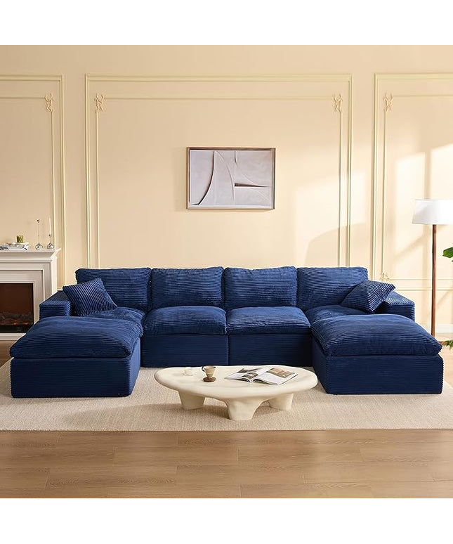 137.8” Sectional Couches for Living Room, Cloud Couch, Modular Sectional Sofa, Convertible Sofas Bed, Deep Seat Sofa, U Shaped Cozy Sofa Furniture Set, Corduroy,Blue