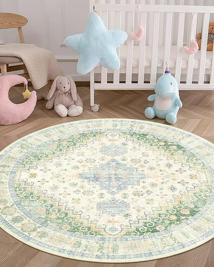 MUJOO Round Rug 4ft,Small Cicle Area Rug Washable,Circular Rugs for Entryway Bedroom Kitchen,Boho Non Slip Throw Carpet Light Green and Blue