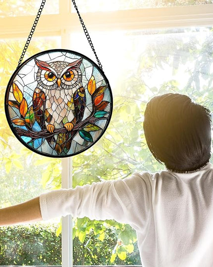 Stained Glass Window Hanging, Owl Colorful Leaves Birds Sun Catchers Diamond Glass Panel Hangings Suncatcher Decor for Birthday for Women, Men, Wife, Aunt, and Mom 6.3 in