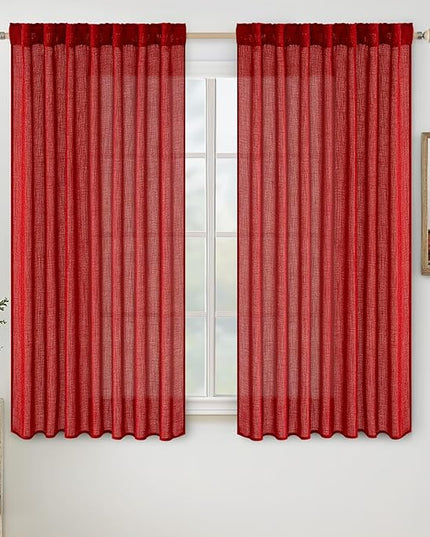 MIULEE Red Linen Short Curtains 63 Inch Length 2 Panels for Kitchen Bedroom, Christmas Soft Thick Linen Textured Window Drapes Living Room Semi Sheer Light Filtering Back Tab Burlap Look Decor