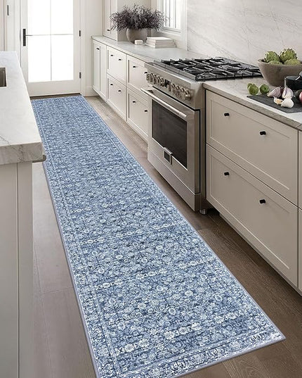 2.6x16 Runner Washable Rug for Kitchen, Blue Soft Classic Runners with Non-Slip, Non-Shedding Distressed Floral Rug for Hallways Entryway Bedroom Bathroom Laundry Indoor