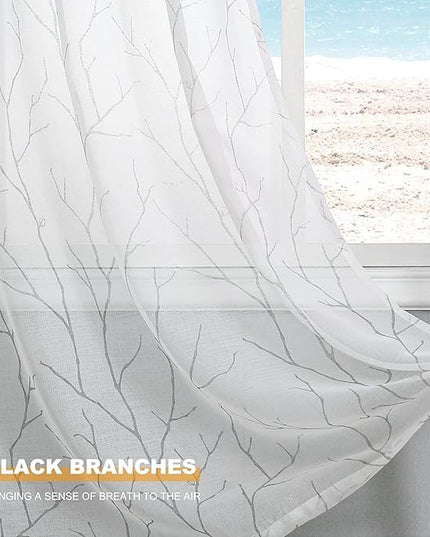 BUHUA White Sheer Curtains 84 Inches Long - Silver Foil Tree Branch Curtain 2 Panels, Semi-Sheer Window Curtains for Living Room, 52 x 84 Inch, 1 Pair, White