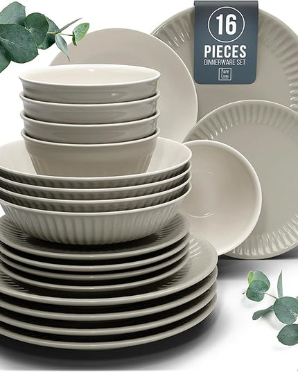 Stoneware Dinnerware Set for 4 People HYGGE 16-Piece - Elegant Scandi Design - Premium Dish Set - Bowl and Plate Set - Tableware for 4 People in a Ribbed Design - Pure Living in Light Brown