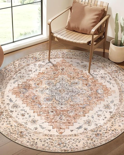 Ciicool Boho Area Rug 4x4ft Round Washable Bedroom Non-Slip Vintage Entryway Throw Rug Low-Pile Indoor Carpet for Living Room Foyer Rug(Vintage Cream/Brick)