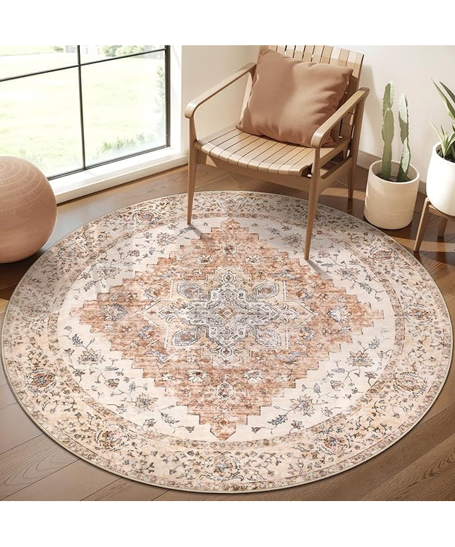 Ciicool Boho Area Rug 4x4ft Round Washable Bedroom Non-Slip Vintage Entryway Throw Rug Low-Pile Indoor Carpet for Living Room Foyer Rug(Vintage Cream/Brick)