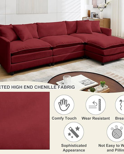Modular Sectional Sofa,108.27'' Modern Sofa Sleeper Couch with 3 Seat & 1 Ottoman & 3 Pillows Sofa Set, Comfy Cloud Couches with Movable Ottoman for Living Room,Chenille (Wine red, L Shaped)