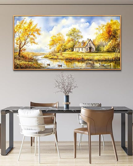 ERQINHUA Large Wall Art For Living Room Canvas Wall Decor For Bedroom Office Dining Room Yellow Pastoral Creek Landscape Painting Prints Pictures Farmhouse Home Wall Decoration 30"x60" Wood Frame