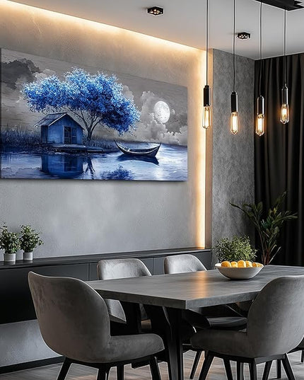 XIGUANGART Tree of Life Large Wall Art for Living Room Blue Boat and House Picture Paintings Abstract Art Prints Modern Nature Scenery Artwork Wall Decor for Bedroom Bathroom Office Home Decoration